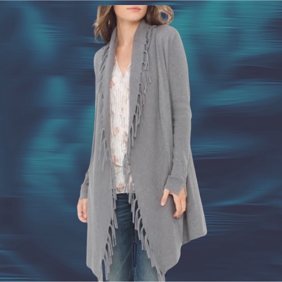 EUC! WHITE HOUSE BLACK MARKET GRAY FRINGE CARDIGAN - Picture 2 of 9
